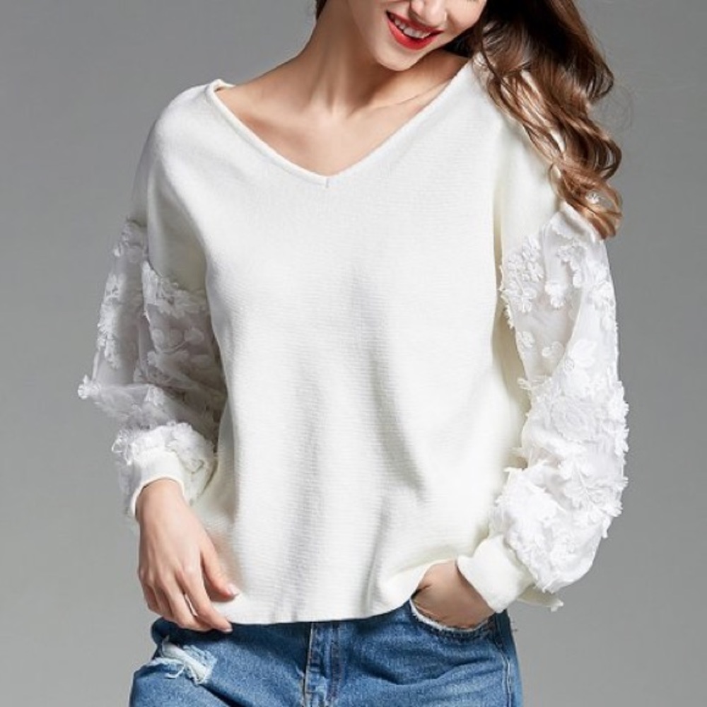 White V-Neck Sweater with Lace Sleeves - Picture 2 of 6